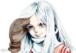  albino bodysuit collar colored_eyelashes commentary_request deadman_wonderland female gloves highres kamata_yu-ki long_hair mittens red_eyes shiro_(deadman_wonderland) silver_hair solo white_hair 