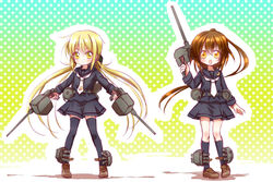  2girls black_serafuku black_skirt black_socks black_thighhighs blonde_hair blush brown_eyes brown_hair cannon commentary_request fumizuki_(kancolle) gun hair_ornament kantai_collection long_hair long_sleeves low_twintails minami_(apricot_tea) multiple_girls necktie ponytail satsuki_(kancolle) school_uniform serafuku skirt smile socks thighhighs torpedo twintails weapon white_necktie yellow_eyes 