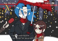  2girls anger_vein black_sclera blood blue_hair blush_stickers breasts carol_(skullgirls) coat colored_sclera commentary english_commentary english_text engrish_text eyepatch height_difference holding holding_microphone holding_umbrella interview large_breasts long_hair mask meme microphone mouth_mask multiple_girls nosebleed nyoro_mutou painwheel_(skullgirls) parody ponytail ranguage red_scarf scarf shared_umbrella skullgirls snow snowing special_feeling_(meme) subtitled surgical_mask umbrella valentine_(skullgirls) 