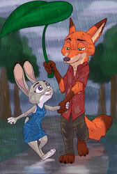  2017 akiric anthro barefoot breasts buckteeth canid canine clothed clothing cloud dipstick_ears disney dress duo ear_markings eye_contact feet female fox fully_clothed fur green_eyes hand_holding judy_hopps lagomorph leaf leporid looking_at_another male male/female mammal multicolored_ears nick_wilde outside path plant purple_eyes rabbit raining red_fox reflection romantic romantic_couple small_breasts smile teeth tree true_fox walking wet wet_body wet_clothing wet_fur zootopia 