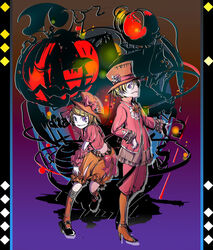  1boy argyle_background ascot bandages blonde_hair bloomers boots brother_and_sister cel_shading chains commentary_request cross detached_sleeves diamond_(shape) embers female flower frills grin hair_ornament hairclip halloween halloween_costume hand_on_headwear hand_on_own_head hand_up hat high_heel_boots high_heels ichi_ka jack-o&#039;-lantern kagamine_len kagamine_rin leaning_forward mary_janes photoshop_(medium) ponytail pumpkin purple_eyes rose shoes short_hair shorts siblings silhouette smile stitches twins vocaloid 