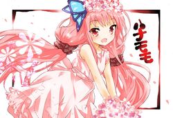  :o bad_id bad_twitter_id blush bouquet butterfly_hair_ornament character_name commentary_request dress female flower flower_knight_girl hair_ornament hanamomo_(flower_knight_girl) head_wreath pink_dress pink_eyes pink_hair sleeveless sleeveless_dress solo twintails yaza_(mugi65081246) 