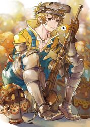  1boy armored_boots boots brown_hair gloves gran_(granblue_fantasy) granblue_fantasy highres jar looking_at_viewer male_focus mechanic_(granblue_fantasy) overalls short_hair sitting solo soysae welding_mask 