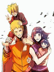  2boys 2girls agentwhitehawk ahoge blonde_hair blue_eyes cape carrying family happy hime_cut hyuuga_hinata lavender_eyes multiple_boys multiple_girls naruto naruto_gaiden piggyback purple_hair simple_background smile spiked_hair uzumaki_boruto uzumaki_himawari uzumaki_naruto whiskers 