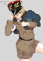  adjusting_clothes adjusting_headwear asparagus_(girls_und_panzer) bc_freedom_(emblem) bc_freedom_military_uniform belt black_belt black_necktie blonde_hair blue_eyes blue_jacket brown_hat brown_skirt closed_mouth commentary emblem female frown girls_und_panzer girls_und_panzer_ribbon_no_musha grey_background hat hat_over_one_eye highres jacket jacket_on_shoulders kepi leg_up long_sleeves looking_at_viewer military military_hat military_uniform necktie one-hour_drawing_challenge pirapirapirapira shirt short_hair skirt solo standing twitter_username uniform white_shirt 