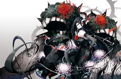  abyssal_ship bare_shoulders battleship_water_oni black_dress black_hair commentary_request dress elbow_gloves female gloves hair_between_eyes horns kantai_collection long_hair red_eyes single_horn solo strapless strapless_dress tsurukame very_long_hair 