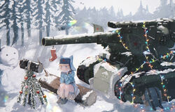  203mm_b-4 ankodesoy ash_arms b-4_(ash_arms) belt blonde_hair blue_eyes christmas_tree commentary female forest gloves hammer highres log military military_vehicle motor_vehicle name_connection nature outdoors pine_tree short_hair sitting snowing snowman solo symbol-only_commentary tank tree turret winter_clothes 