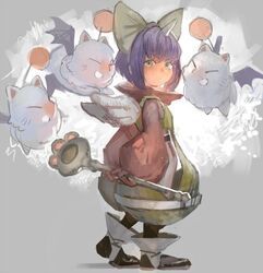  blue_hair bodysuit bow closed_mouth eiko_carol female final_fantasy final_fantasy_ix gloves green_eyes hairbow horns looking_at_viewer moogle sasumata_jirou short_hair simple_background single_horn smile staff weapon wings yellow_bow 