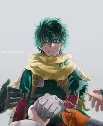  4boys bakugou_katsuki black_gloves boku_no_hero_academia cape commentary crying english_commentary female freckles gloves green_eyes green_hair grey_background hair_between_eyes highres holding_hands iida_tenya looking_at_viewer male_focus messy_hair midoriya_izuku multiple_boys orange_gloves out_of_frame parted_bangs pov pov_hands scarf short_hair short_sleeves simple_background solo_focus spoilers tears todoroki_shouto torn_clothes trevo_(trevoshere) twitter_username two-tone_gloves upper_body uraraka_ochako white_gloves yellow_cape yellow_scarf 