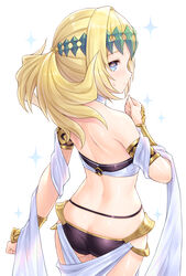  arm_at_side armlet ass back bare_shoulders black_panties black_shirt blonde_hair blue_eyes blush butt_crack clenched_hands cowboy_shot diadem fate/grand_order fate_(series) female from_above from_behind halterneck highres long_hair looking_at_viewer looking_back panties pollux_(fate) robe shiny_skin shirt shoulder_blades smile solo sparkle tomo_(tmtm_mf_mf) underwear white_background white_robe 