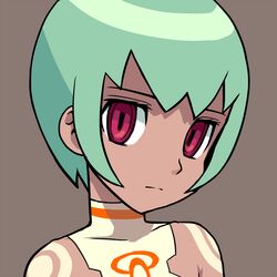  bare_shoulders closed_mouth dark-skinned_female dark_skin female green_hair hair_between_eyes hair_ornament head_tilt looking_at_viewer mega_man_(series) mega_man_legends_(series) mega_man_legends_2 muu_(mumumer) portrait red_eyes sera_(mega_man) short_hair simple_background solo 