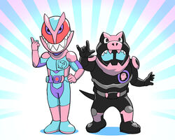  2boys \m/ armor belt dinosaur_tail fujiko_f_fujio_(style) full_body hand_on_own_hip highres index_finger_raised kamen_rider kamen_rider_revi kamen_rider_revice kamen_rider_vice multiple_boys parody pink_armor revice_driver rex_genome rider_belt sharp_teeth standing style_parody tail teeth ueyama_michirou vistamp 