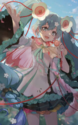  absurdres aqua_eyes aqua_flower aqua_hair aqua_ribbon armpits black_skirt blue_flower blue_hair blurry blurry_background braid cable cape commentary cowboy_shot day detached_sleeves dress female flower flower_underskirt hair_flower hair_ornament hand_up hatsune_miku highres holding holding_microphone long_hair looking_at_viewer magical_mirai_(vocaloid) magical_mirai_miku magical_mirai_miku_(2021) medallion microphone neck_ribbon orange_flower outdoors purple_flower red_flower ribbon saz8720 skirt sleeveless sleeveless_dress smile solo speaker standing twin_braids twintails very_long_hair vocaloid white_cape white_dress white_sleeves yellow_flower 