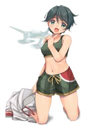  absurdres aircraft airplane bikini black_hair commentary_request e16a_zuiun female full_body green_bikini green_eyes green_shorts highres jacket kantai_collection kneeling midriff mogami_(kancolle) mogami_kai_ni_(kancolle) mogami_kai_ni_(swimsuit)_(kancolle) navel open_mouth short_hair shorts simple_background smile solo sports_bikini swept_bangs swimsuit unworn_jacket white_background white_jacket yashin_(yasinz) 