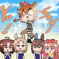  5girls admire_vega_(umamusume) agnes_digital_(umamusume) ahoge animal_ears bare_shoulders beach blonde_hair bondage_outfit bow breasts brown_eyes brown_hair cleavage closed_eyes collarbone commentary commission competition_school_swimsuit cosplay crown deformed dual_wielding ear_bow ear_covers ear_ornament ear_piercing ear_ribbon glowing glowstick grey_eyes hair_between_eyes hair_flaps hairband hairbow hand_on_own_chest holding holding_glowstick horse_ears horse_girl horse_tail hot_limit jitome light_rays long_hair low_ponytail medium_hair meisho_doto_(umamusume) mini_crown multiple_girls music name_connection narita_top_road_(umamusume) nishikawa_takanori nishikawa_takanori_(cosplay) open_mouth orange_eyes orange_hair outdoors outline outstretched_hand own_hands_together parted_bangs piercing pink_hair pink_hairband pixiv_commission purple_eyes red_bow sakai_waka school_swimsuit singing single_ear_cover sparkle sunlight sweatdrop swimsuit t.m._opera_o_(umamusume) t.m.revolution tail tilted_headwear tracen_swimsuit two-tone_eyes two_side_up umamusume unamused white_bow white_hair 