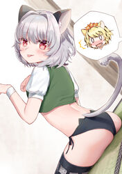  2girls alternate_animal_ears alternate_costume alternate_tail animal_ear_fluff animal_ears ari_don ass black_hair black_legwear black_panties blonde_hair blush cat_day cat_ears cat_girl cat_tail closed_mouth commentary_request cowboy_shot crop_top dutch_angle green_vest grey_hair hair_between_eyes hair_intakes highres looking_at_viewer looking_back multicolored_hair multiple_girls nazrin open_mouth panties red_eyes shirt short_hair side-tie_panties smile solo_focus streaked_hair tail thighhighs tongue tongue_out toramaru_shou touhou underwear vest white_shirt wristband 