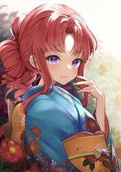  absurdres akino_(princess_connect!) blue_kimono brown_hair closed_mouth commentary_request female floral_print flower furisode hair_bun hand_up highres japanese_clothes kimono kodama_(koda_mat) long_sleeves looking_at_viewer looking_to_the_side obi parted_bangs princess_connect! print_kimono purple_eyes red_flower red_hair ringlets sash single_hair_bun smile solo upper_body wide_sleeves 