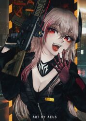  aeus assault_rifle black_gloves black_jumpsuit black_scarf blonde_hair breasts eotech eyebrows fangs female girls&#039;_frontline gloves gun hair_ornament highres holding holding_gun holding_weapon holster hood hooded_jacket jacket jumpsuit lips looking_at_viewer m4_carbine m4_sopmod_ii m4_sopmod_ii_(girls&#039;_frontline) multicolored_hair open_mouth red_eyes red_hair rifle scarf smile solo streaked_hair track_jacket two-tone_hair weapon 