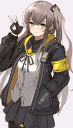  404_logo_(girls&#039;_frontline) armband black_jacket black_nails black_skirt brown_eyes brown_hair commentary_request cowboy_shot female fingerless_gloves girls&#039;_frontline gloves hair_between_eyes hair_ornament hand_in_pocket highres jacket koenza_botoke light_blush long_hair long_sleeves looking_at_viewer nail_polish one_side_up open_clothes open_jacket pleated_skirt scar scar_across_eye scar_on_face shirt sidelocks skirt smile solo split_mouth ump45_(girls&#039;_frontline) w white_shirt yellow_armband yellow_pupils 