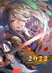  2022 armor fangs female fingerless_gloves gloves green_eyes grin hair_over_one_eye happy_new_year holding holding_sword holding_weapon japanese_armor katana lips long_hair looking_at_viewer open_mouth original pink_hair samurai shiroton_(kazamineko) side_ponytail smile solo sword teeth weapon 