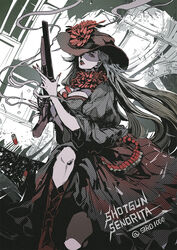  brown_dress brown_hair cowboy cowboy_hat cowboy_western dress female gun hair_over_one_eye hat holding holding_gun holding_weapon long_hair long_sleeves looking_at_viewer nail_polish original red_eyes red_nails sawed-off_shotgun shiroton_(kazamineko) shotgun solo weapon 