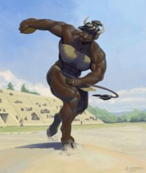  2023 5_fingers abs absurd_res action_pose anthro artist_name biped black_hair blue_sky bottomwear bovid bovine breasts brown_body brown_fur clothed clothing cloven_hooves dated day digit_ring discobolus_(myron_of_eleutherae) discus eleutheria_avarta european_mythology feet female fingers full-length_portrait fur greasymojo greek_mythology hair hand_on_leg hand_on_own_leg hand_on_own_thigh hand_on_thigh hi_res hooves horn inspired_by_formal_art jewelry mammal minotaur muscular muscular_anthro muscular_female mythology outside pecs pecs_with_breasts ponytail portrait pose ring short_hair sky solo sport tail tail_tuft topwear track_and_field tuft wedding_ring 