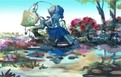  2girls barefoot blue_dress blue_eyes blue_hair blue_skin bodysuit closed_mouth colored_skin commentary crop_top dress feet fishing fishing_rod forehead_jewel green_hair green_skin lapis_lazuli_(steven_universe) midriff multiple_girls peridot_(steven_universe) pond sasumata_jirou short_hair steven_universe tree water 