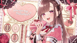  :d bow bowtie box brown_hair brown_nails english_text female flower frills goshi-san heart heart-shaped_box highres holding long_hair looking_at_viewer multicolored_nails nail_polish open_mouth original pink_eyes pink_nails red_bow red_bowtie rose short_sleeves smile solo swept_bangs teeth upper_body upper_teeth_only valentine wrist_cuffs 