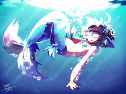  air_bubble black_hair blue_eyes blurry blush bubble commentary_request cyclops dated depth_of_field female fingernails fins from_side head_fins lying mermaid monster_girl muroku_(aimichiyo0526) on_back one-eyed open_mouth original pasties signature solo star_pasties swimming underwater 