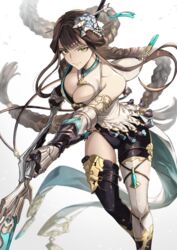  armlet asymmetrical_clothes bare_shoulders braid breasts brown_hair cleavage feb_itk female granblue_fantasy green_eyes guan_dao hair_ornament hairpin highres large_breasts long_hair looking_at_viewer polearm shura_(granblue_fantasy) simple_background solo thighhighs thighs twin_braids weapon 