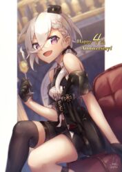  :d anniversary arm_support azur_lane bare_shoulders black_coat black_gloves black_hat black_neckwear black_ribbon black_shorts black_thighhighs braid center_frills coat collared_shirt commentary_request couch cowboy_shot cross cup drinking_glass female french_braid frills gloves hair_between_eyes hair_over_shoulder hair_ribbon half_gloves hat highres holding holding_cup indoors iron_cross long_hair looking_at_viewer low_ponytail mini_hat oerba_yun_fang off_shoulder open_mouth purple_eyes ribbon satsuki_meguru shirt short_shorts shorts sidelocks signature single_thighhigh sitting skin_fang sleeveless sleeveless_shirt smile solo thigh_strap thighhighs white_hair white_shirt wine_glass z1_leberecht_maass_(azur_lane) 