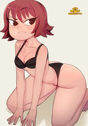  absurdres alternate_costume annoyed artist_logo ass barefoot bikini black_bikini black_eyes breasts english_commentary female freckles frown full_body highres kim_pine kneeling looking_at_viewer medium_breasts red_hair scott_pilgrim_(series) short_hair solo swimsuit zamoshvik 