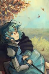  absurdres ahoge autumn_leaves blue_eyes blue_hair female flat_chest grass hair_between_eyes heterochromia highres karakasa_obake kornod leaf long_sleeves looking_to_the_side oil-paper_umbrella on_nose red_eyes short_hair sitting solo tatara_kogasa touhou tree umbrella 