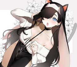  :o adjusting_hair animal_ears bare_shoulders black_choker black_dress black_hair black_thighhighs blue_eyes blush breasts cat_ears cat_girl cat_tail choker collarbone commentary_request crescent dress eyelashes female flower habit hair_over_one_eye hand_in_own_hair hand_to_head juliet_sleeves large_breasts long_hair long_sleeves looking_at_viewer mayuri_kaichou mole mole_on_breast mole_on_leg mole_on_thigh mole_under_eye nun oerba_yun_fang off-shoulder_dress off_shoulder open_mouth original pelvic_curtain puffy_sleeves robe sidelocks signature skin_fang solo sweatdrop tail tail_raised tearing_up teeth thighhighs upper_teeth_only veil very_long_hair white_flower 