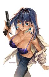  :d absurdres black_bra black_hair black_pants blue_eyes blue_ribbon blush bra breasts cleavage collarbone denim earrings female grin gun handgun highres holding holding_gun holding_weapon hololive hololive_english index_finger_raised jacket jeans jewelry large_breasts lingerie long_sleeves looking_back m1911 open_clothes open_jacket ouro_kronii pants parted_lips ribbon ribbon_earrings santafe99 short_hair simple_background smile solo strap_gap tan trigger_discipline twitter_username underwear virtual_youtuber weapon white_background white_jacket 