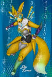  absurd_res anthro armor bandai_namco binary_code black_sclera breasts canid canine claws digimon digimon_(species) digital_creature digital_media_(artwork) fan_character female fur gwendolyn_(shin_kerron) headgear helmet hi_res looking_at_viewer mammal renamon shin_kerron simple_background solo stylized_background white_body white_fur yellow_body yellow_fur 