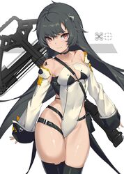  :3 banned_artist bare_shoulders black_hair black_legwear bow_(weapon) breasts brown_eyes choker collarbone covered_navel cowboy_shot crossbow detached_sleeves female groin hair_ornament highres ikomochi leotard long_hair long_sleeves looking_at_viewer medium_breasts oerba_yun_fang original smile solo standing strap thigh_strap thighhighs thighs v-shaped_eyebrows very_long_hair weapon weapon_on_back white_leotard 