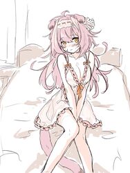  alternate_hairstyle an_fyhx animal_ears arknights bare_legs bare_shoulders bed_sheet between_legs blush breasts cat_ears cat_girl cat_tail cleavage closed_mouth collarbone feet_out_of_frame female goldenglow_(arknights) hair_down hairband hand_between_legs highres indoors large_breasts lingerie lolita_hairband long_hair looking_at_viewer negligee on_bed orange_eyes pink_hair sitting solo tail underwear underwear_only v_arms 