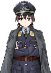  beaver_tail12 bird brown_eyes brown_hair commentary_request cross crossed_arms eagle female gertrud_barkhorn hat highres insignia iron_cross jacket looking_at_viewer luftwaffe military military_hat military_jacket military_uniform peaked_cap solo strike_witches swastika twintails uniform wehrmacht world_witches_series 