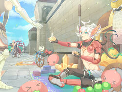  &gt;_&lt; 2boys 2girls :3 ahoge apple armor armored_boots assassin_cross_(ragnarok_online) axe belt berry black_gloves black_jacket black_pants black_shirt blonde_hair blue_dress blue_sky boots box breastplate brick_wall brown_belt building cape chainmail clothes_around_waist cloud coin commentary_request cross crystal day dress emperium feline fingerless_gloves food fruit full_body gauntlets gloves gradient_wings green_apple grey_jumpsuit habit head_out_of_frame head_wings in-universe_location jacket jumpsuit jumpsuit_around_waist knight_(ragnarok_online) long_hair looking_at_another looking_to_the_side mechanic_(ragnarok_online) multicolored_wings multiple_boys multiple_girls musical_note nun open_clothes open_mouth open_shirt orange_wings outdoors pants pauldrons poring potion priest_(ragnarok_online) pullcart purple_wings q_qree ragnarok_online red_apple red_armor red_cape red_eyes red_scarf scarf shirt short_hair shoulder_armor shrug_(clothing) sitting sky slime_(creature) smile socks spoken_musical_note standing stone_floor stone_wall torn_cape torn_clothes torn_scarf vambraces waist_cape walking white_hair wildrose wings 