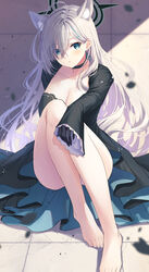  ahoge animal_ear_fluff animal_ears bare_legs barefoot black_choker black_dress blue_archive blue_eyes breasts choker cleavage collarbone cross_hair_ornament dark_halo dress extra_ears feet female grey_hair hair_ornament halo highres knees_up large_breasts legs long_hair long_sleeves looking_at_viewer primamiya shiroko_(blue_archive) shiroko_terror_(blue_archive) sitting solo sunlight toes wide_sleeves wolf_ears 