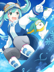  1other aoiyui aqua_eyes aqua_hair black_legwear blue_jacket blue_skirt boots commentary day female gloves goggles hatsune_miku jacket lens_flare long_hair miniskirt open_mouth outdoors owl_hat pantyhose rabbit rabbit_yukine scarf signature ski_gear ski_goggles skirt smile snow_rabbit snowboard snowboarding snowflake_print twintails v-shaped_eyebrows vocaloid white_footwear white_gloves yellow_scarf yuki_ga_tokeru_mae_ni_(vocaloid) yuki_miku yuki_miku_(2016) 