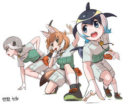  3girls alternate_costume animal_ears black_footwear black_hair blonde_hair blowhole blue_eyes blue_hair blush cetacean_tail chalk collared_shirt commentary_request common_dolphin_(kemono_friends) dhole_(kemono_friends) dog_ears dog_girl dog_tail extra_ears fins fish_tail glasses gloves green_eyes green_footwear green_shirt grey_footwear grey_hair grey_shorts highres kemono_friends kemono_friends_3 kneeling light_brown_hair matching_outfits meerkat_(kemono_friends) meerkat_ears meerkat_tail multicolored_hair multiple_girls neck_ribbon pov ribbon running shirt shoes short_hair short_sleeves shorts sneakers socks tail takebi two-tone_footwear two-tone_hair two-tone_shirt uniform whistle white_background white_gloves white_hair white_socks 