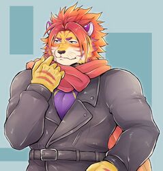  1boy absurdres animal_ears bara belt black_jacket blush commentary_request furry furry_male higemaccho highres jacket leather leather_jacket male_focus muscular muscular_male nomad_(housamo) red_eyes red_hair red_scarf scarf short_hair simple_background smile solo tiger_boy tiger_ears tiger_stripes tokyo_afterschool_summoners upper_body wavy_mouth whiskers 