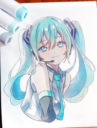  aqua_eyes aqua_hair aqua_necktie art_tools_in_frame bare_shoulders black_sleeves breasts closed_mouth collared_shirt cropped_torso detached_sleeves dot_nose female grey_shirt hair_between_eyes hatsune_miku headset highres light_blush light_smile long_hair looking_at_viewer marker_(medium) medium_breasts necktie pato_(ptro) photo_(medium) shirt sidelocks simple_background sleeveless sleeveless_shirt solo traditional_media tsurime twintails upper_body v_arms very_long_hair vocaloid white_background 