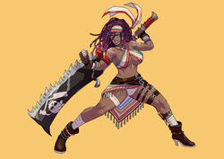  absurdres anchor_tattoo ankle_holster arm_pouch bandaged_fingers bandages beads belt breasts cirenk commentary commission criss-cross_halter dark-skinned_female dark_skin darli_dagger dreadlocks english_commentary female full_body hair_beads hair_ornament halterneck highres huge_weapon large_breasts looking_to_the_side madagascar multiple_belts muscular muscular_female navel over_shoulder samurai_spirits sarong saw saw_cleaver shoulder_tattoo simple_background solo standing tattoo tool_belt tools very_dark_skin weapon weapon_over_shoulder yellow_background 