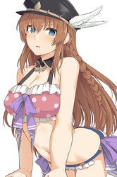  bare_shoulders bikini black_hat blue_eyes blush breasts brown_hair cleavage female frilled_bikini frills granblue_fantasy hat large_breasts lecia_(granblue_fantasy) lecia_(summer)_(granblue_fantasy) long_hair looking_at_viewer open_mouth peaked_cap pink_bikini polka_dot shiseki_hirame solo swimsuit 