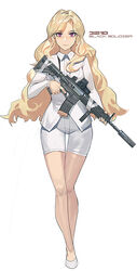  2018 absurdres assault_rifle black_soldier blonde_hair closed_mouth eotech female forehead full_body gun h&amp;k_hk416 highres holding holding_gun holding_weapon jacket long_hair long_sleeves looking_at_viewer military original purple_eyes rifle shorts simple_background smile solo standing weapon white_background white_footwear white_jacket white_shorts 