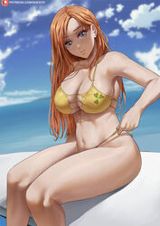  bare_shoulders bikini bleach blue_eyes blue_sky blurry blurry_background breasts cloud collarbone commentary covered_nipples day female highres inoue_orihime large_breasts long_hair looking_at_viewer navel ocean orange_hair outdoors parted_bangs parted_lips patreon_logo patreon_username pulling_own_clothes shexyo sitting skindentation sky solo swimsuit thighs water watermark web_address yellow_bikini 