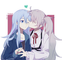  25-ji_miku 25-ji_nightcord_de._(project_sekai) 2girls blue_eyes blue_jacket chest_harness chinese_commentary closed_mouth collarbone collared_dress commentary double_horizontal_stripe dress fingernails flat_chest frilled_sleeves frills green_nails grey_hair hair_ribbon halftone harness hatsune_miku heart highres holding_hands interlocked_fingers jacket kissing kissing_cheek light_blush long_hair long_sleeves looking_at_another multiple_girls neck_ribbon one_eye_closed partially_unzipped project_sekai red_background red_ribbon ribbon serious simple_background square thank_you track_jacket twintails two-tone_background upper_body very_long_hair vocaloid white_background white_dress white_ribbon ximuye yoisaki_kanade 